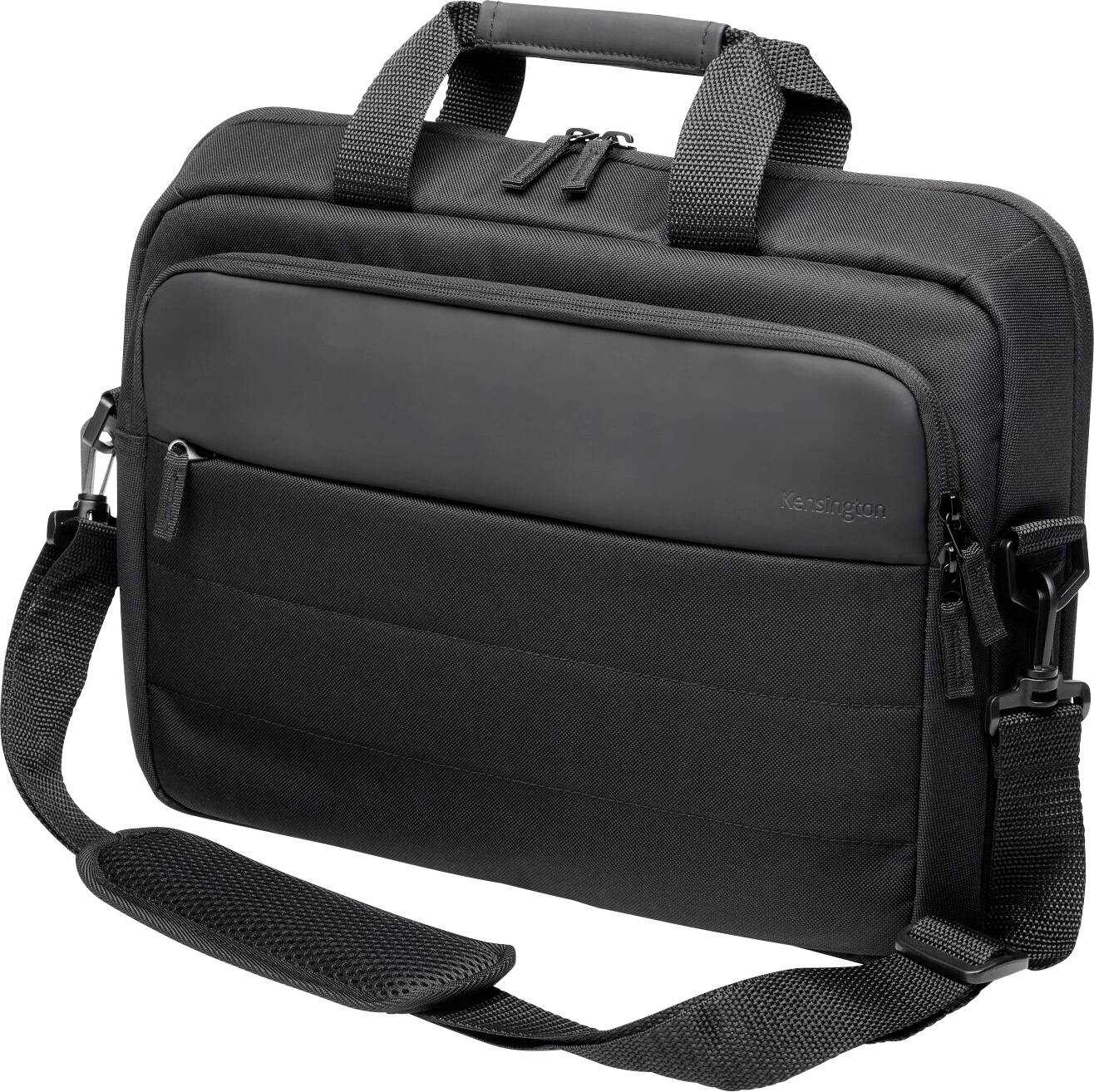 Zwarte laptoptas met handgreep, afneembare schouderband en voorvak met rits. Ideaal voor onderweg.