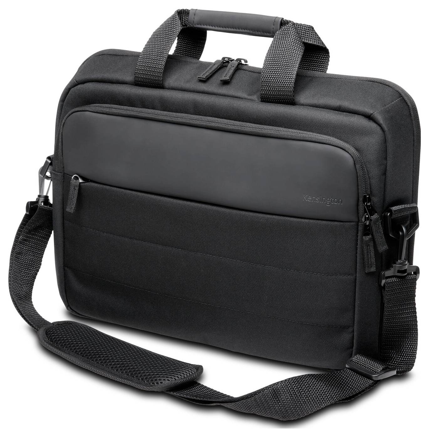 Zwarte laptoptas met handgreep en schouderband. Hij beschikt over een groot vak en een extra voorvak met ritsen.