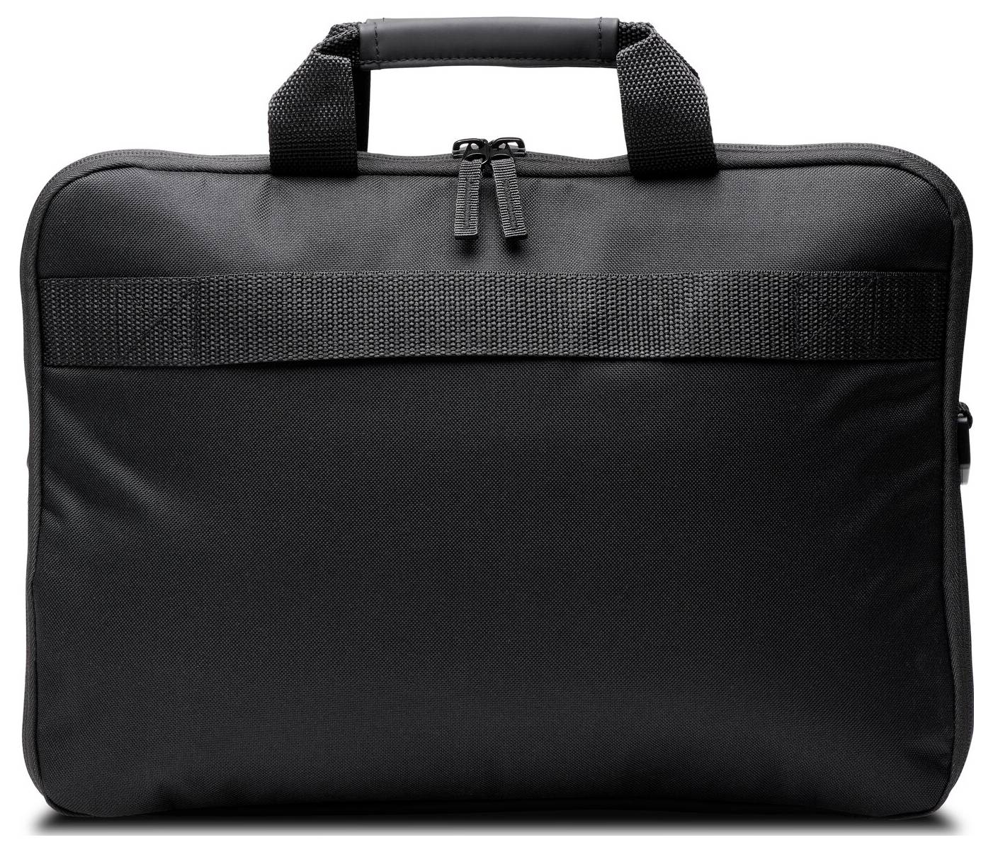 Een zwarte laptoptas met twee ritsluitingen en een handgreep bovenaan, zichtbaar op een witte achtergrond.