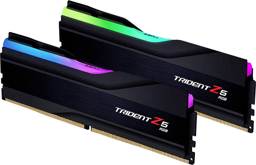 Twee RAM-modules met RGB-verlichting met het opschrift 'Trident Z5 RGB'. Ze zijn naast elkaar geplaatst en beschikken over gekleurde lichtbalken.