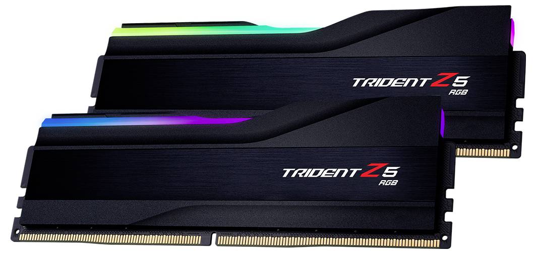 Twee RAM-modules met RGB-verlichting, gemarkeerd als 'Trident Z5 RGB'. Ze zijn zwart met kleurverloop bovenaan.