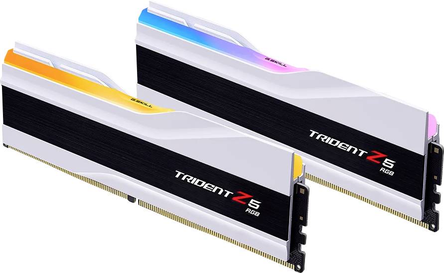 Twee RAM-modules met RGB-verlichting waarop 'Trident Z5 RGB' staat. De modules zijn zwart-wit met oplichtende kleuraccenten.