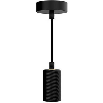 Zwarte, cilindrische hanglamp met structuurkabel en ronde plafondbevestiging. Modern design voor binnenverlichting.