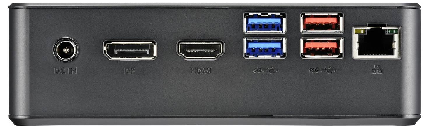 Achterkant van een apparaat met meerdere aansluitingen: stroomaansluiting, DisplayPort, HDMI, vier USB-poorten (twee blauwe, twee rode) en Ethernet-aansluiting.