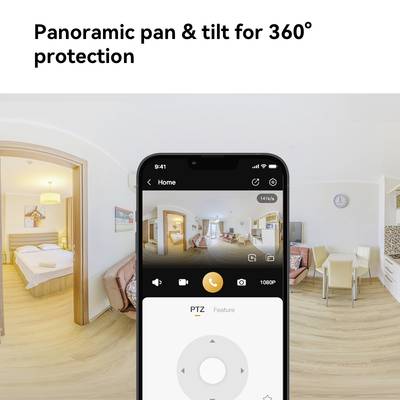 Een smartphone toont een camerabediening die een 360°-weergave van een woonkamer biedt, inclusief pan- en tiltfuncties.