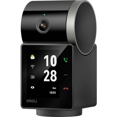 Een moderne slimme camera met display toont de tijd 10:28, wifi-symbool, weersinfo en datum, zondag, 01.10.