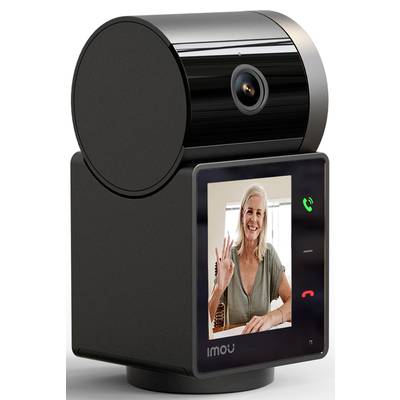 Een video-deurbelcamera toont een scherm met een persoon die lacht en zwaait. Ze heeft grijs haar en draagt een groen bovenkleding.