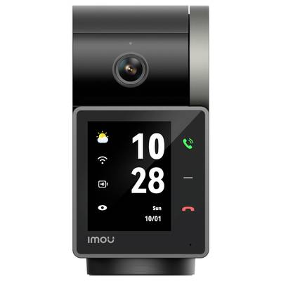 Een zwarte camera met display toont de tijd 10:28, de datum 10/01, symbolen voor weer, oproepen en wifi. Merk 'imou' zichtbaar.
