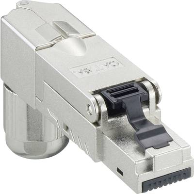 Een zilveren, afgeschermde CAT 6A netwerkkabel connector met beschermkap, geschikt voor snelle en stabiele Ethernet-verbindingen.
