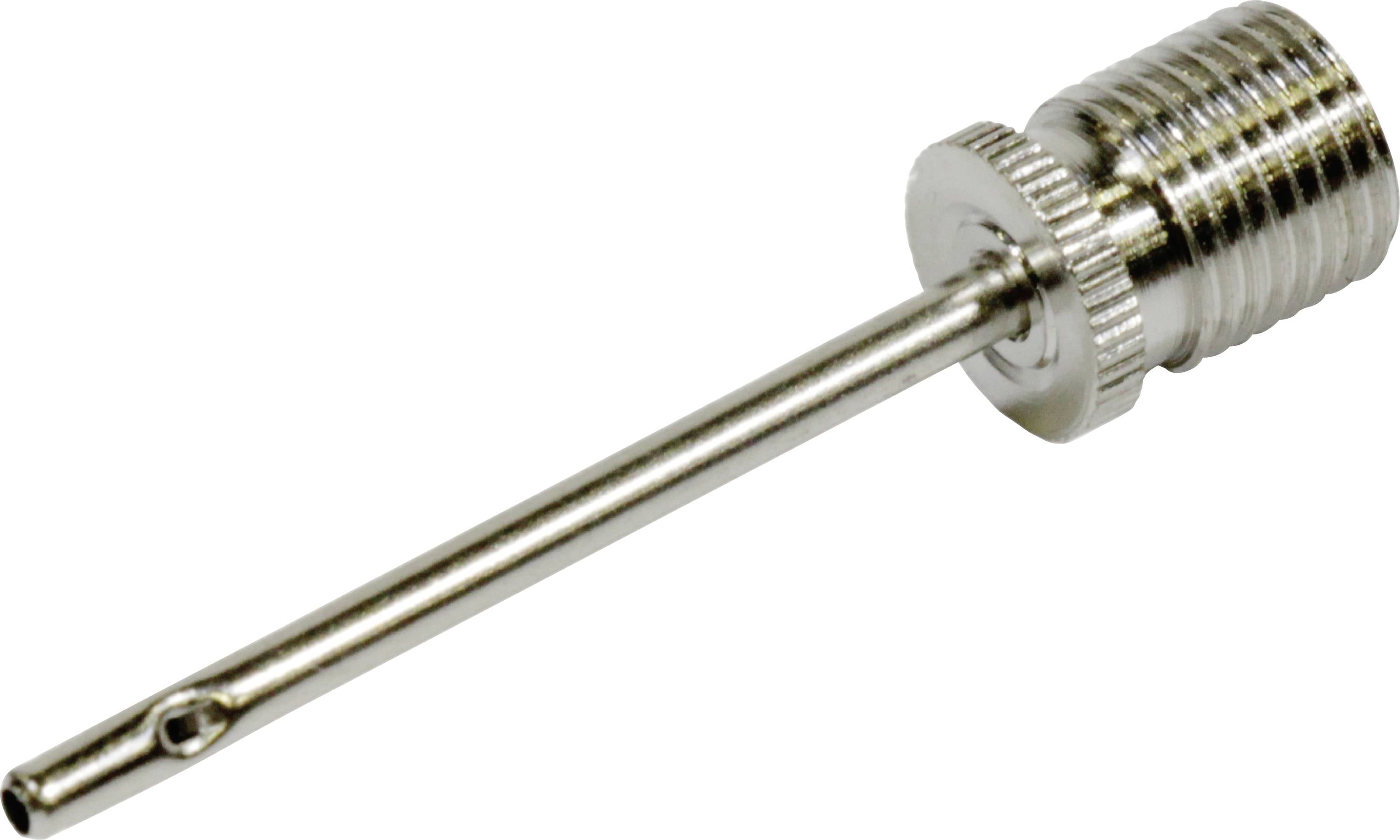 Een zilveren metalen balpomp-naald, gewoonlijk gebruikt voor het oppompen van sportballen.
