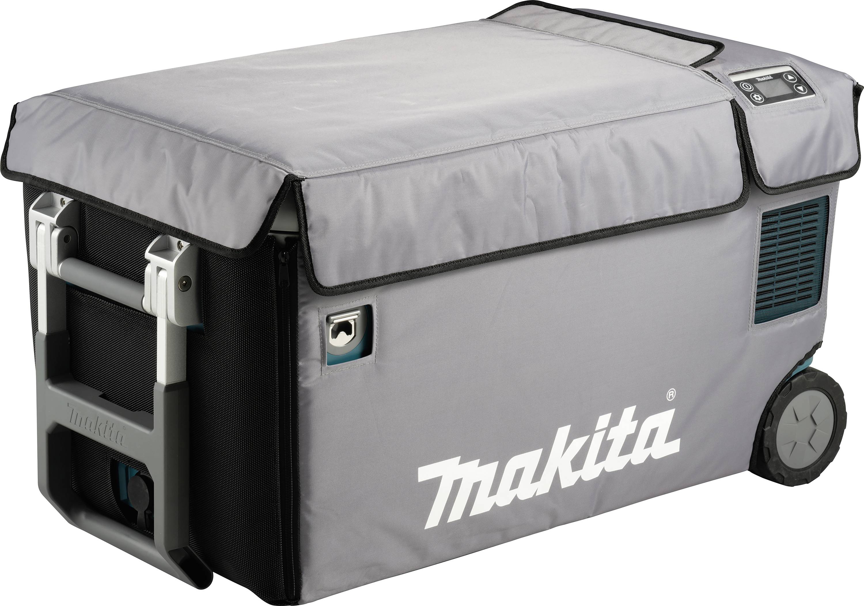 Koelbox met grijze afdekking, Makita-merklogo zichtbaar, op wielen met uittrekbare handgreep.