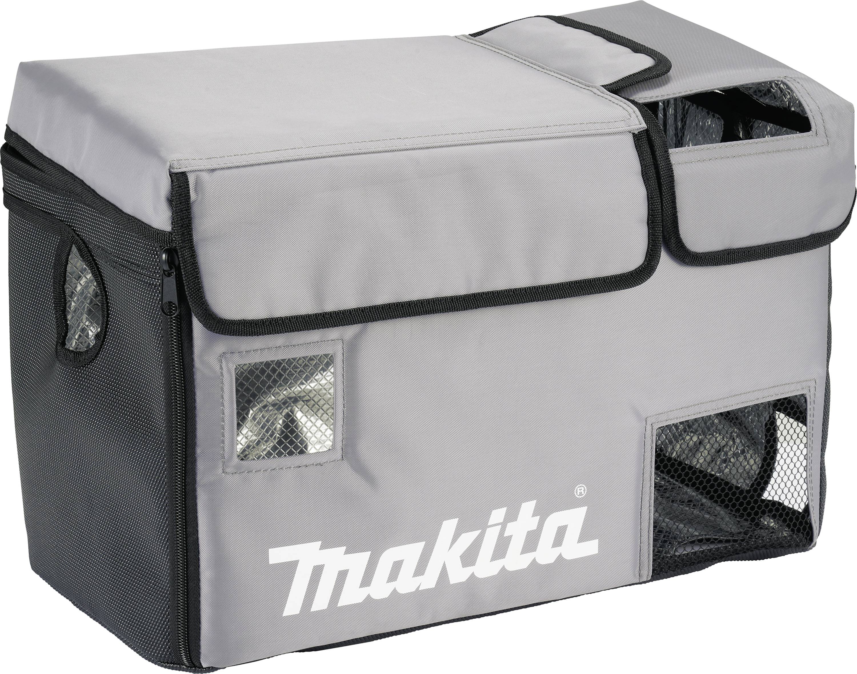 Grijze Makita dubbele tas met ritssluiting en zijdelingse netinzetten voor het opbergen van gereedschap of toebehoren.