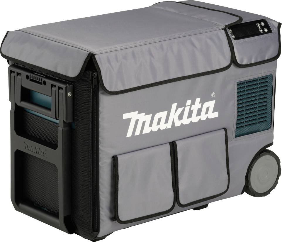 Een grijze, draagbare koelbox op wielen met het opschrift 'Makita'. Ontworpen voor outdoor- of bouwplaatstoepassingen.