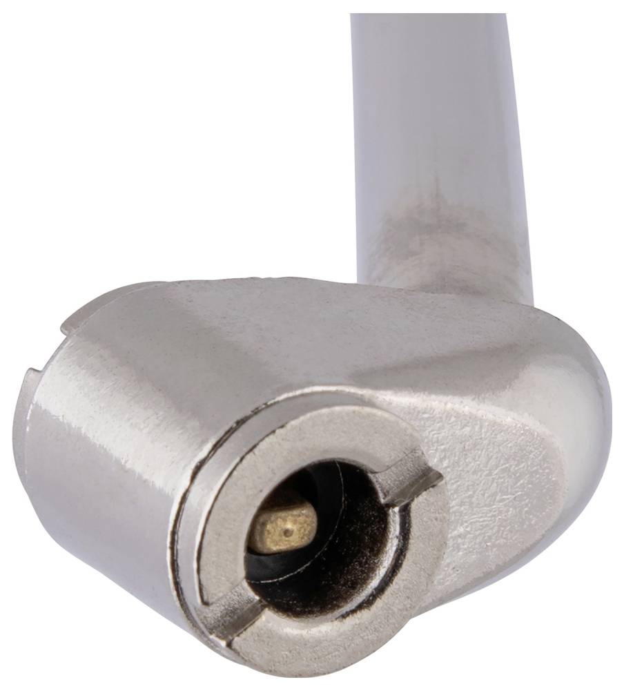 Een close-up van een metalen klepconnector met een rond opening, waarop een deel van de aangesloten pijp zichtbaar is.