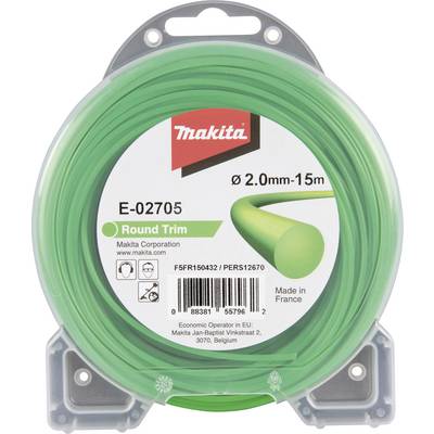 'Makita Rond Grastrimmer-draad, diameter 2,0 mm, lengte 15 m. Verpakking toont merkteken, productcode en land van herkomst.'