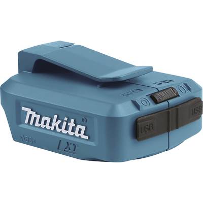 Een blauw, rechthoekig apparaat met twee USB-poorten en een clip. Opschrift: 'Makita LXT'.
