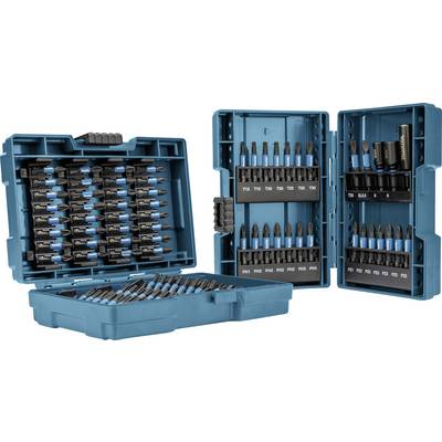 Turquoise boorbitbox met geopende kleppen, gevuld met verschillende bits netjes in rijen gerangschikt, klaar voor gebruik.
