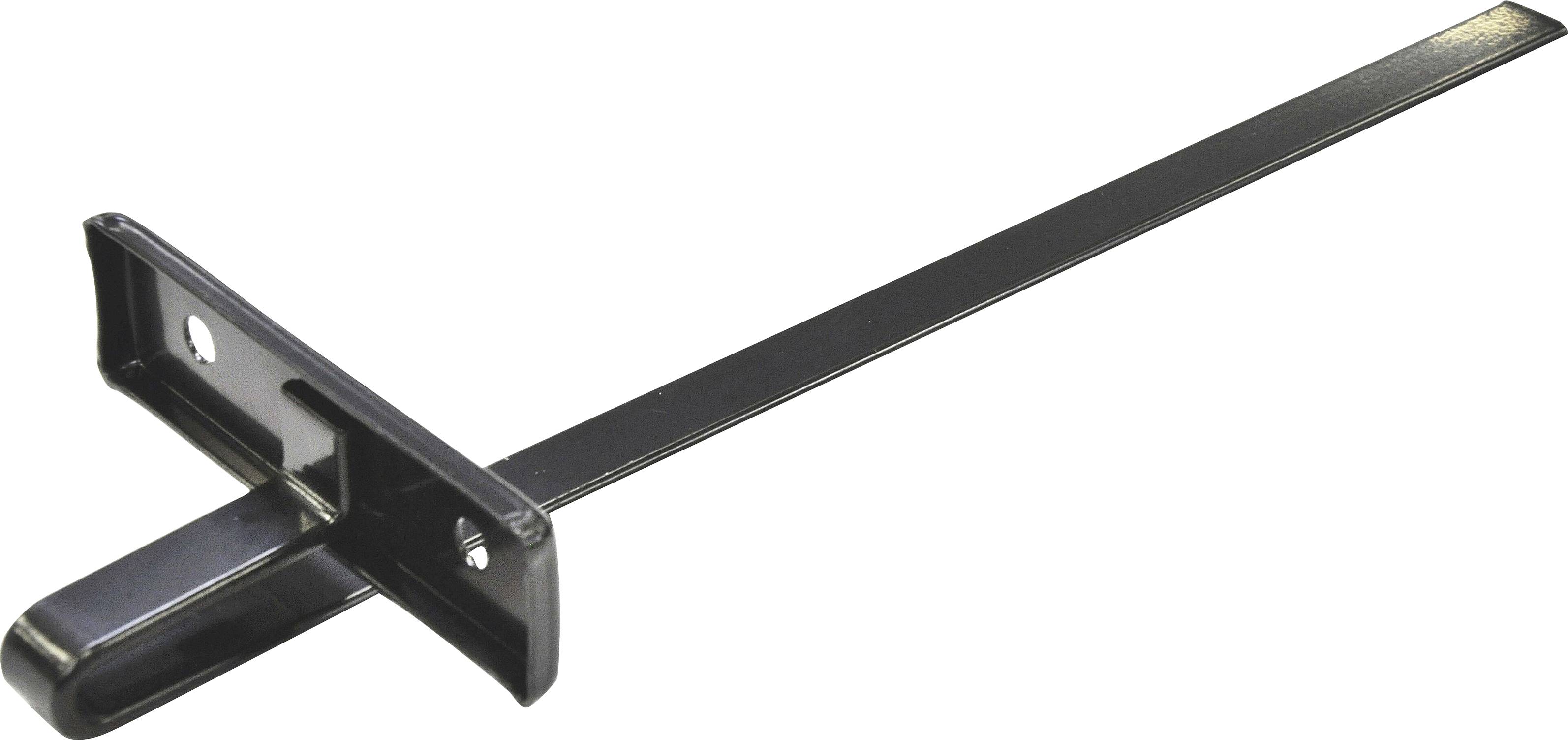 Zwarte metalen beugel met een lange, platte arm, geschikt voor wandmontage van voorwerpen of als steunconstructie.