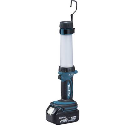 Draagbare, oplaadbare LED-werklamp met zwarte en blauwe behuizing, flexibele haak en 18V-accubasis, staande modus.