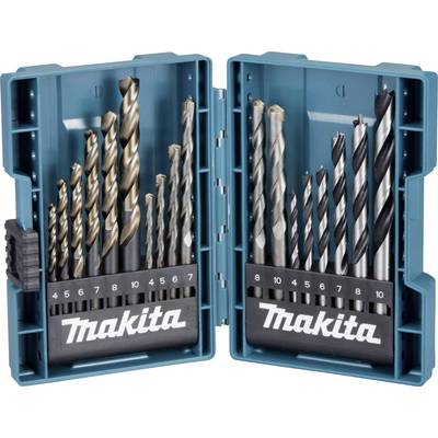 Een geopende boorset in een blauwe doos, bestaande uit verschillende maten en types, met 'Makita'-logo op beide deksels.