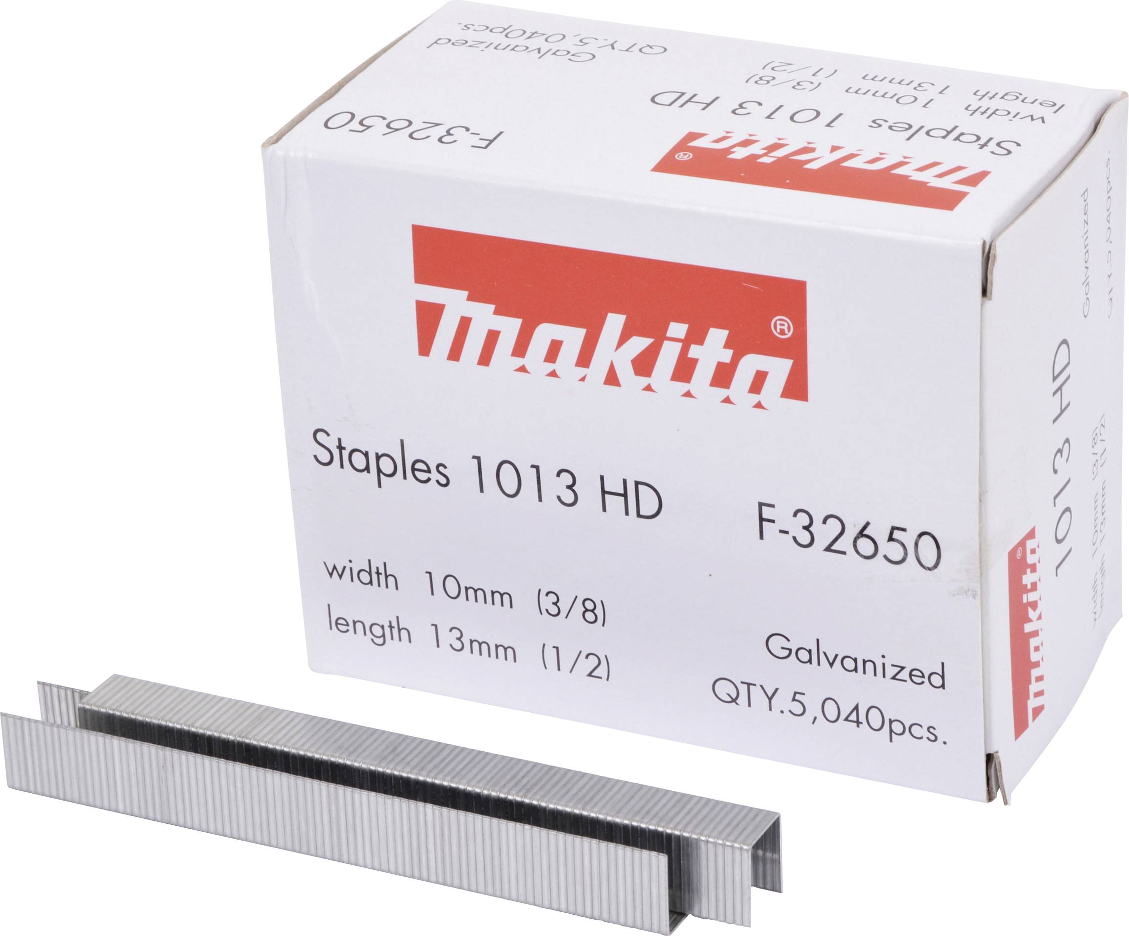 Een doos Makita nietjes 1013 HD. Afgebeeld zijn de afmetingen 10 mm breedte en 13 mm lengte. Bevat 5.040 stuks.