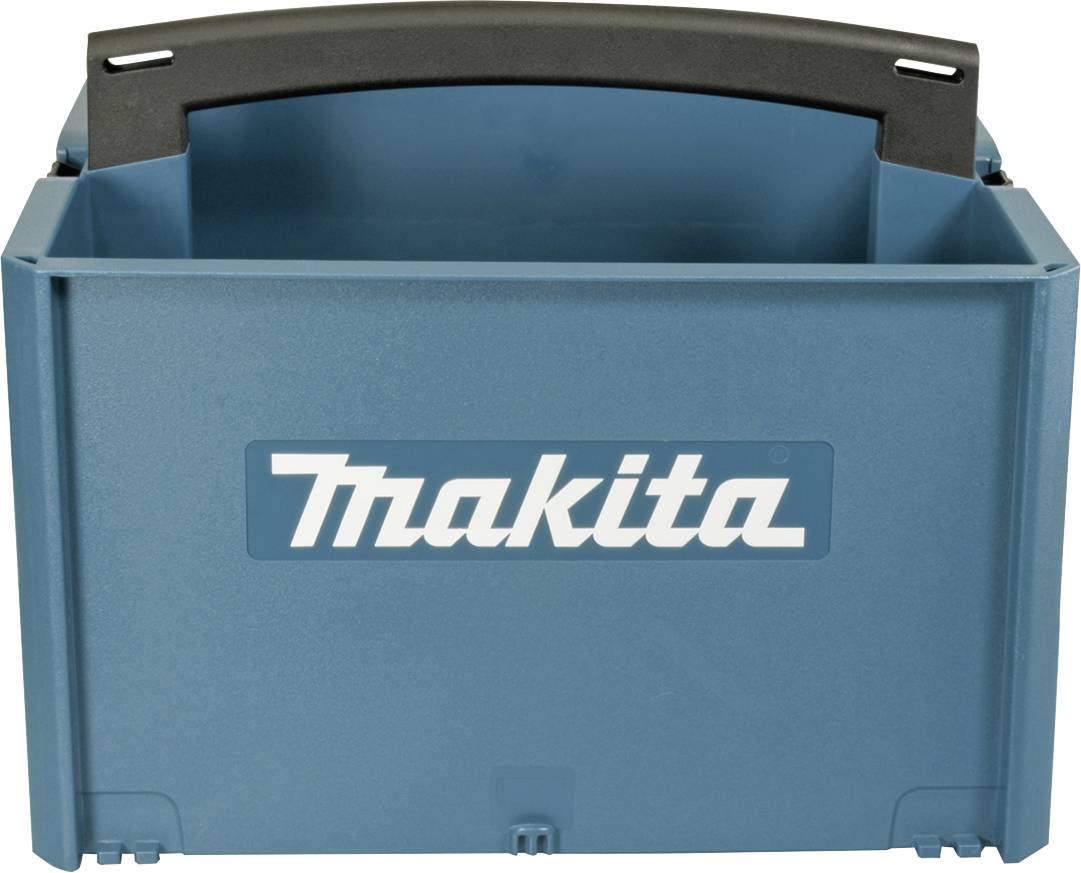 Blauwe Makita gereedschapskoffer met zwarte handgreep, geschikt voor opslag en transport van gereedschappen.