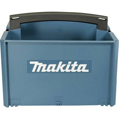 Blauwe Makita gereedschapskoffer met zwarte handgreep, geschikt voor opslag en transport van gereedschappen.