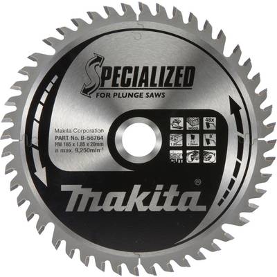 Makita cirkelzaagblad, gespecialiseerd voor invalzagen, 165 mm diameter, max. 9.250 toeren/min, diverse gebruikssymbolen.