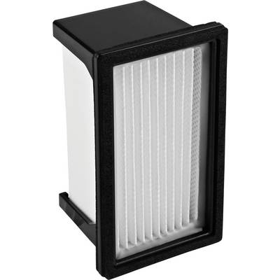 Een rechthoekige, witte luchtreiniger met een zwarte rand staat rechtop. De filter vertoont een reeks verticale plooien.