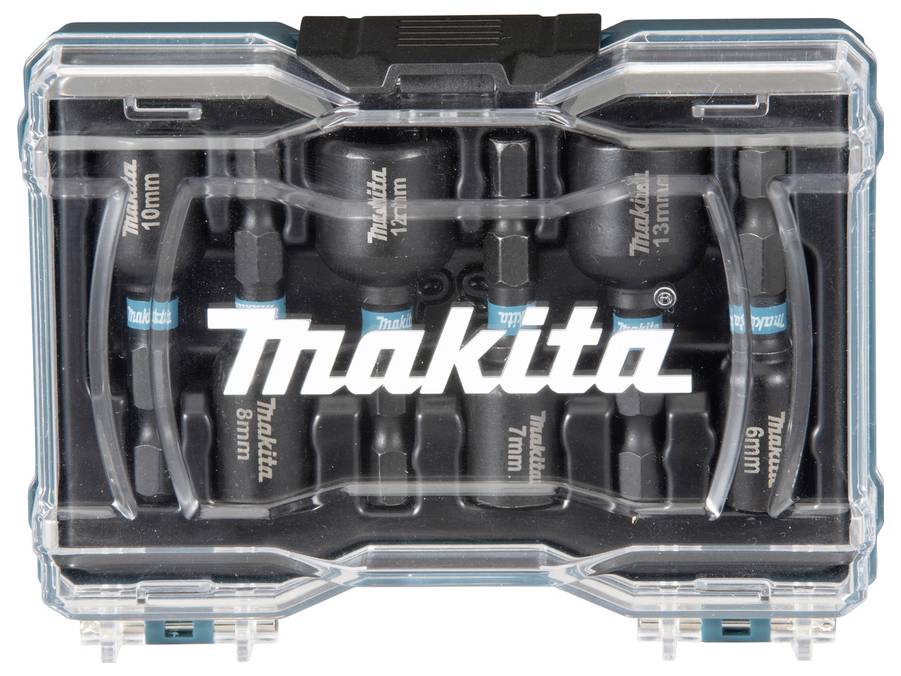 'Makita' gelabelde doppenset in een transparante behuizing, met dopsizes van 8 mm tot 14 mm, georganiseerd in twee rijen.