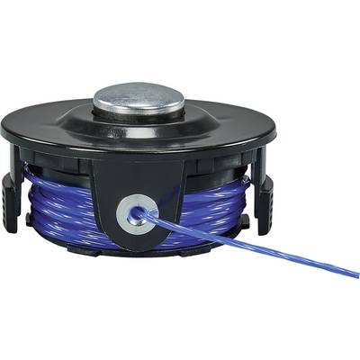 Een zwarte spoel met blauwe kunststofdraad, geschikt voor grastrimmers. Centrale metalen afdekking voor een veiligere grip op de draad.