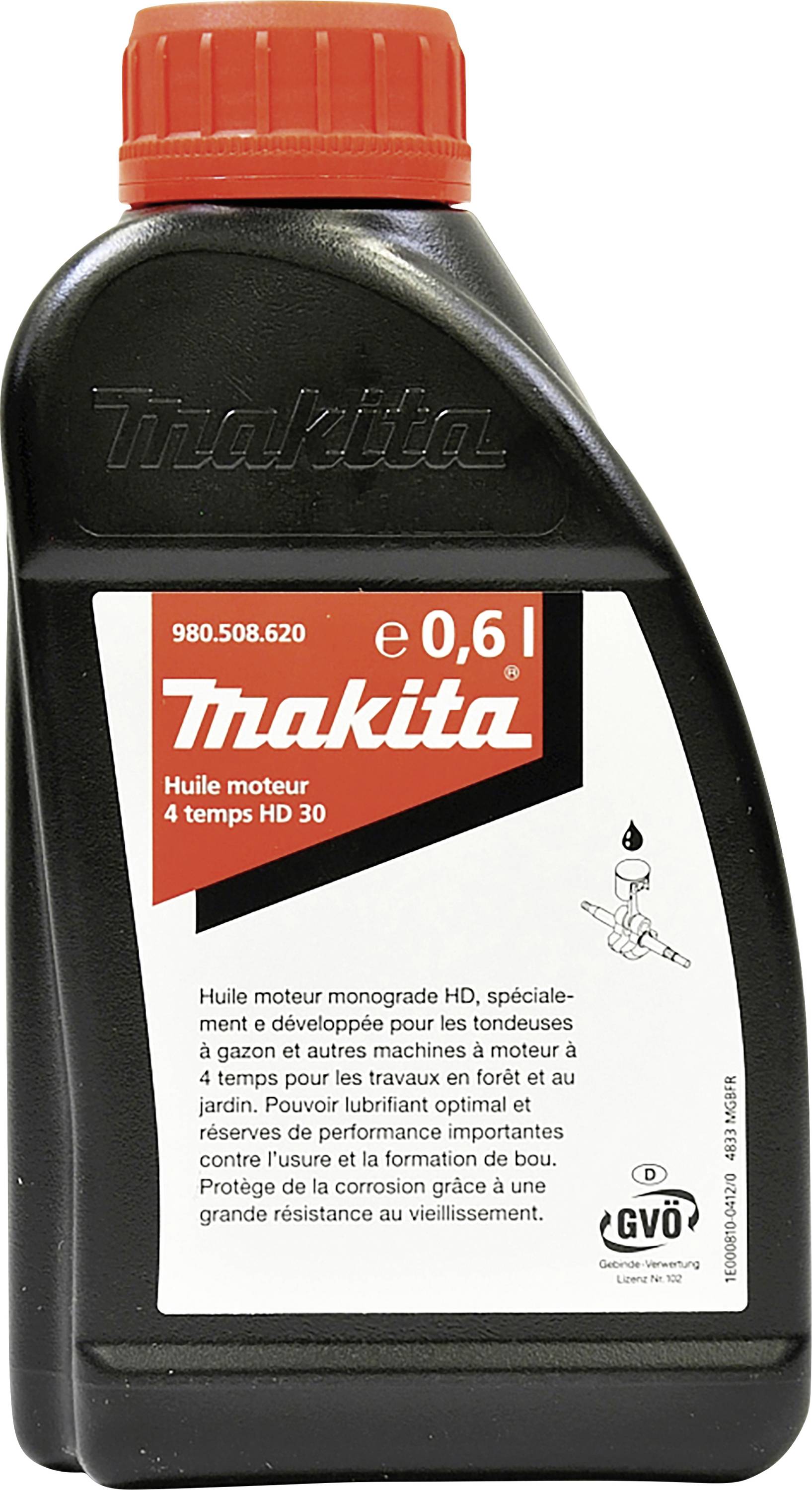 Zwarte fles met rode dop die 0,6 liter 'Makita' 4-takt motorolie HD 30 bevat, geschikt voor grasmaaiers en vergelijkbare machines.