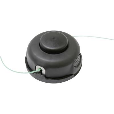 Zwarte draadkop voor grastrimmer, rechthoekige vorm, aan de zijkant een opening waaruit een groene draad komt.