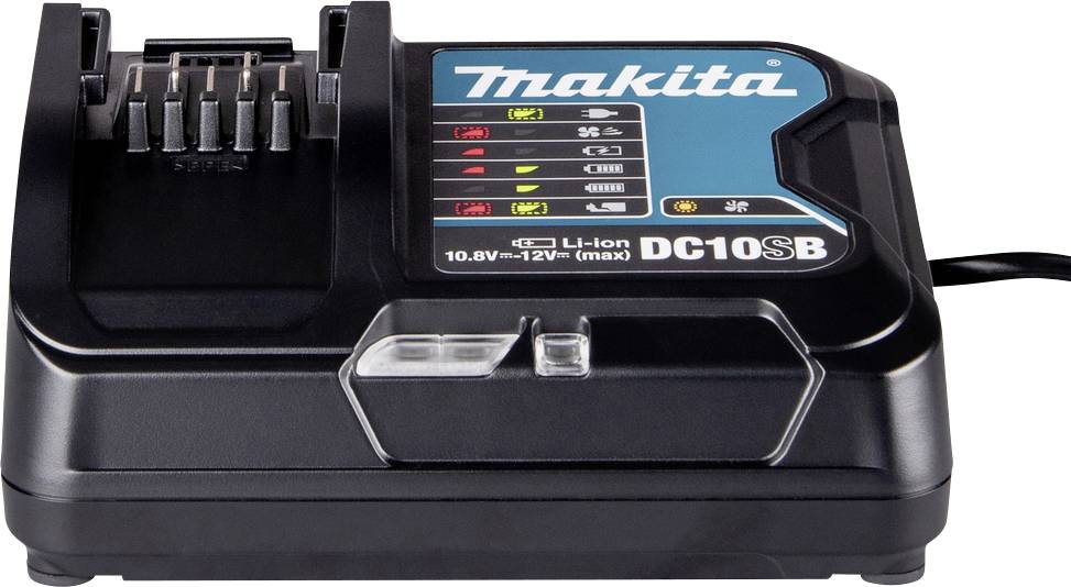 Een Makita batterijlader model DC10SB voor 10,8V-12V Lithium-ion batterijen, met indicatoren voor batterijstatus en laadniveaus.