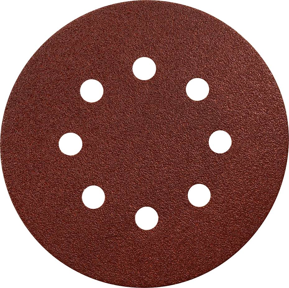 Ronde schuurschijf met acht gaten voor slijpmachine, gemaakt van gestructureerd bruin materiaal.