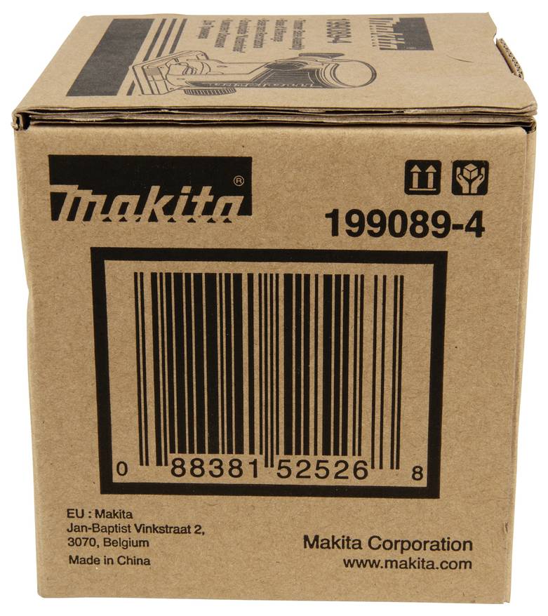 Een bruine Makita kartonnen doos met het productcode '199089-4', een streepjescode en fabricagegegevens, inclusief 'Made in China'.