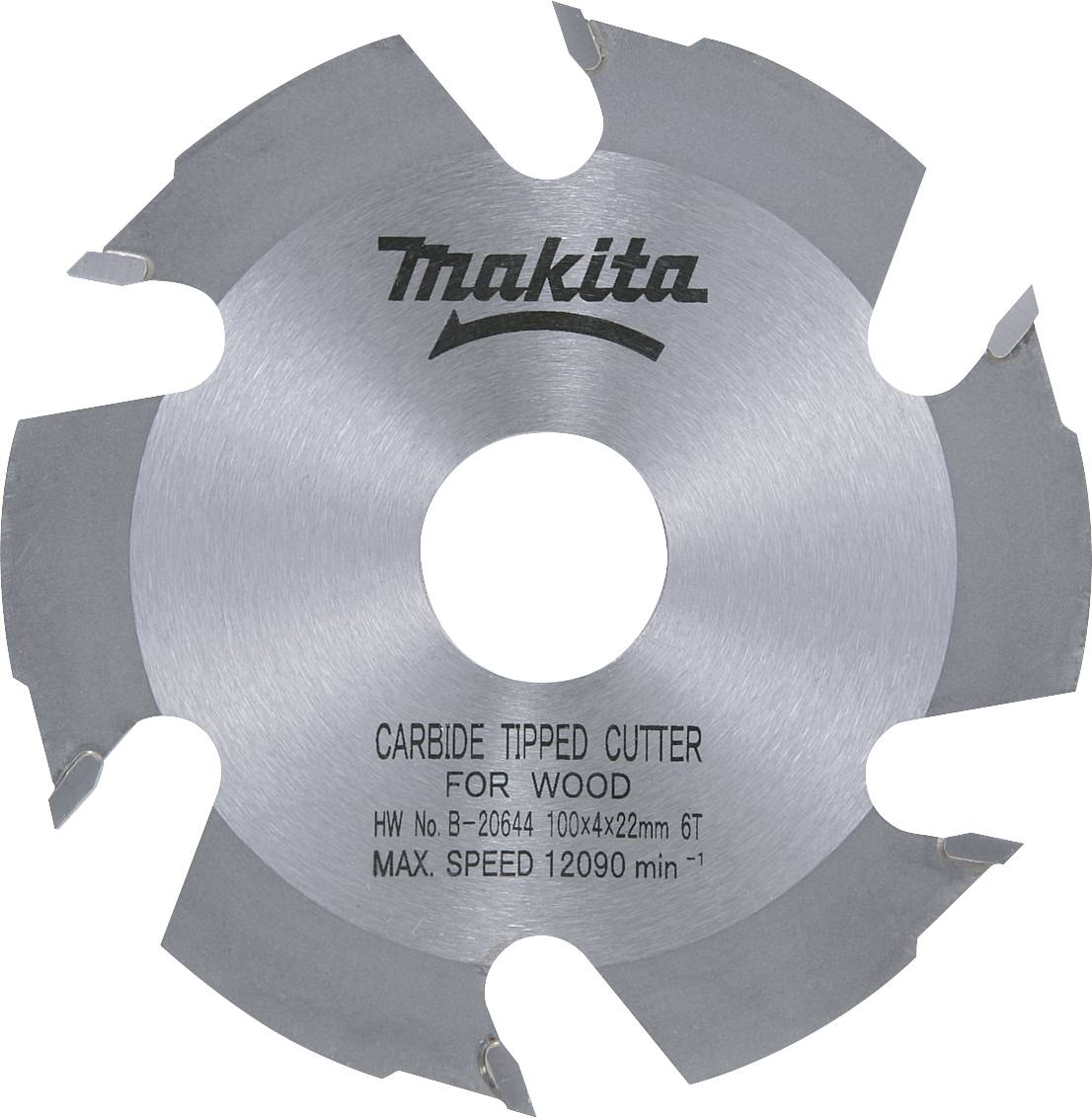 Een zilveren cirkelzaagblad van het merk Makita, met zes tanden, geschikt voor hout. Max. snelheid: 12090 min⁻¹.