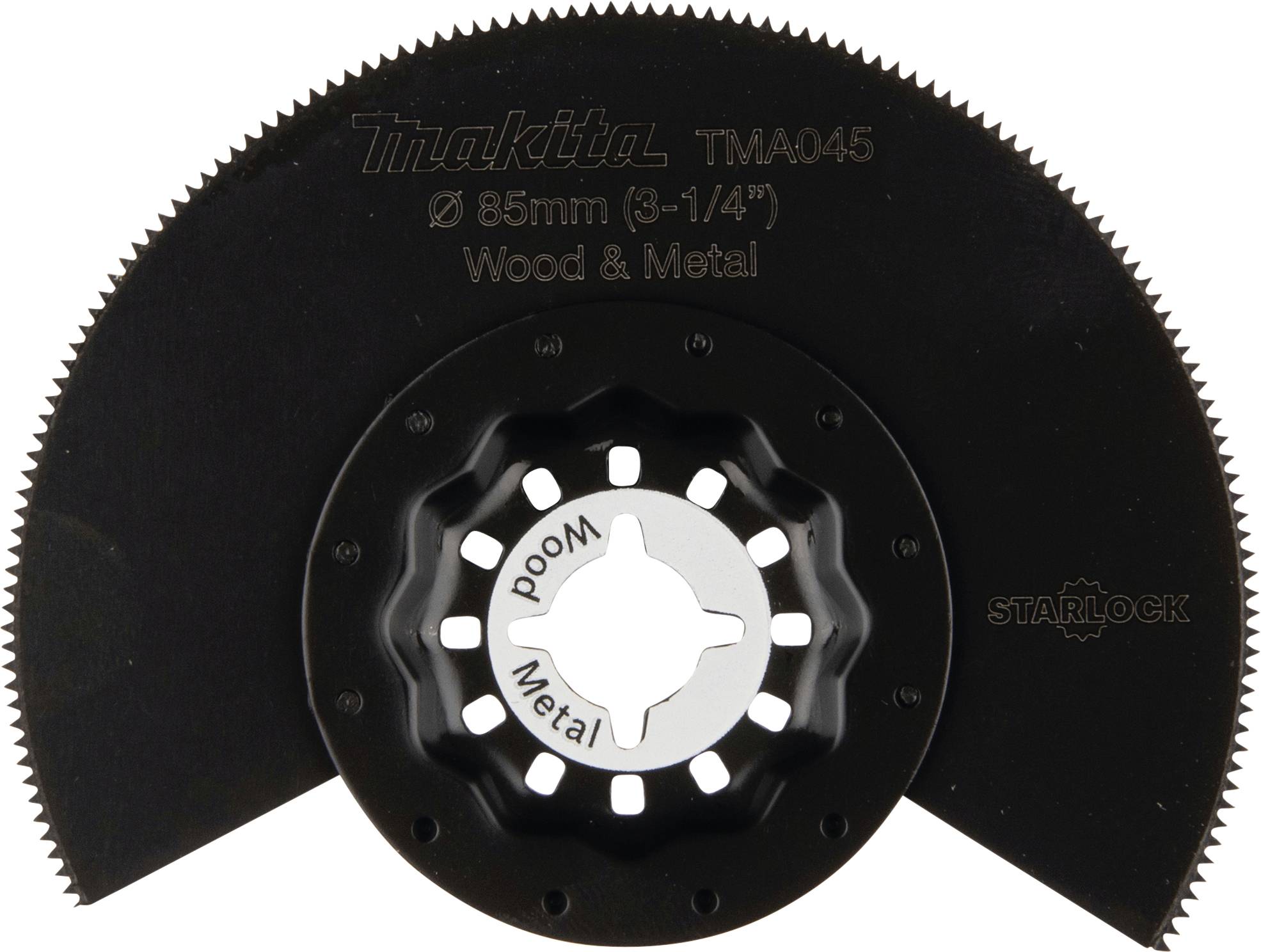 Een rond zaagblad van Starlock voor hout en metaal, diameter 85 mm (3-1/4"), modelnummer TMA045, zwart met zilveren midden.