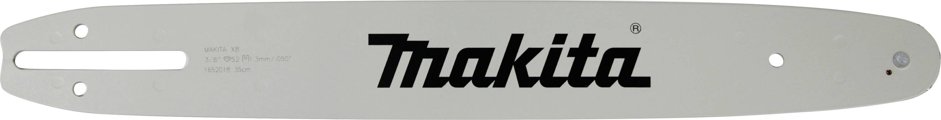 Een zilveren kettingzaagbegeleiding met een zwart 'Makita'-logo in het midden.