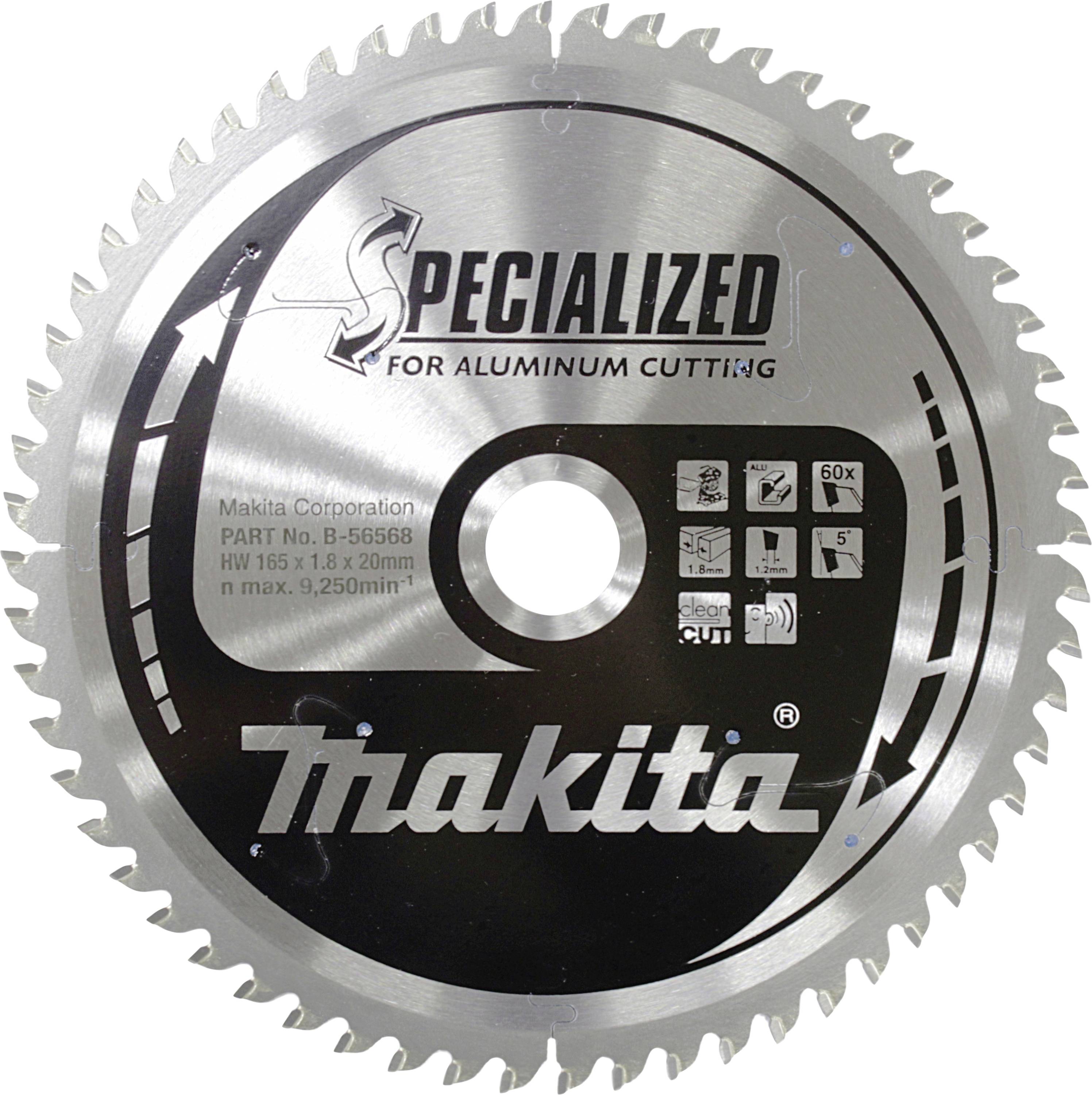 Cirkelzaagblad 'Makita Specialized' voor aluminium zaagwerk, 60 tanden, max. 9250 omw/min, diameter 165 mm, asgat 20 mm.