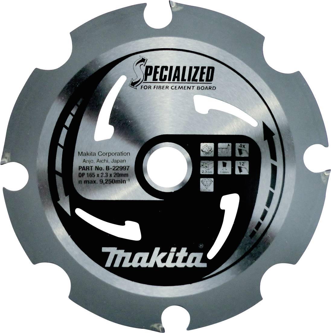 Cirkelzaagblad met opschrift 'Gespecialiseerd voor vezelcementplaat', geschikt voor Makita-apparaten, diameter 165 x 20mm.