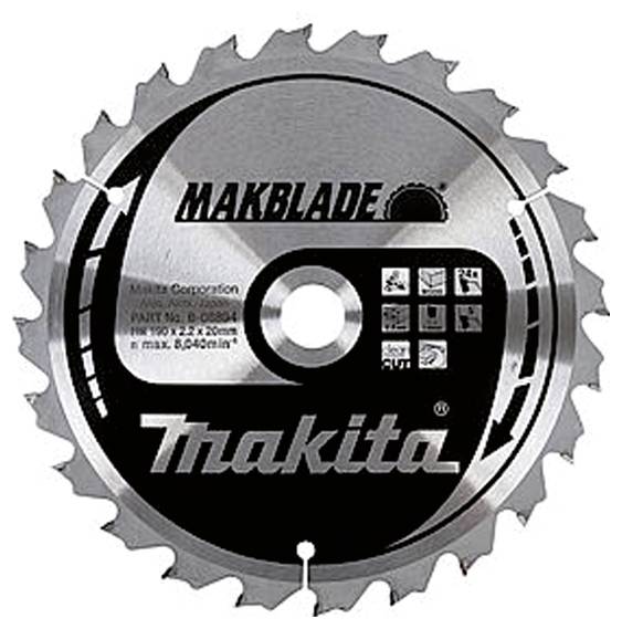 Cirkelzaagblad 'MAKBLADE' van Makita met meerdere tanden, logo en technische specificaties op de voorkant.