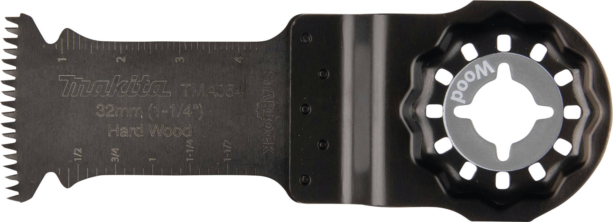 Zwart-grijs zaagblad voor hardhout met metalen tanden, opschrift: '32 mm', 'Hard Wood', 'Makita'.