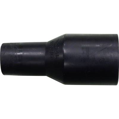 Een zwarte gereduceerde buisadapter, cilindrisch, versmallend van een grotere naar een kleinere diameter.