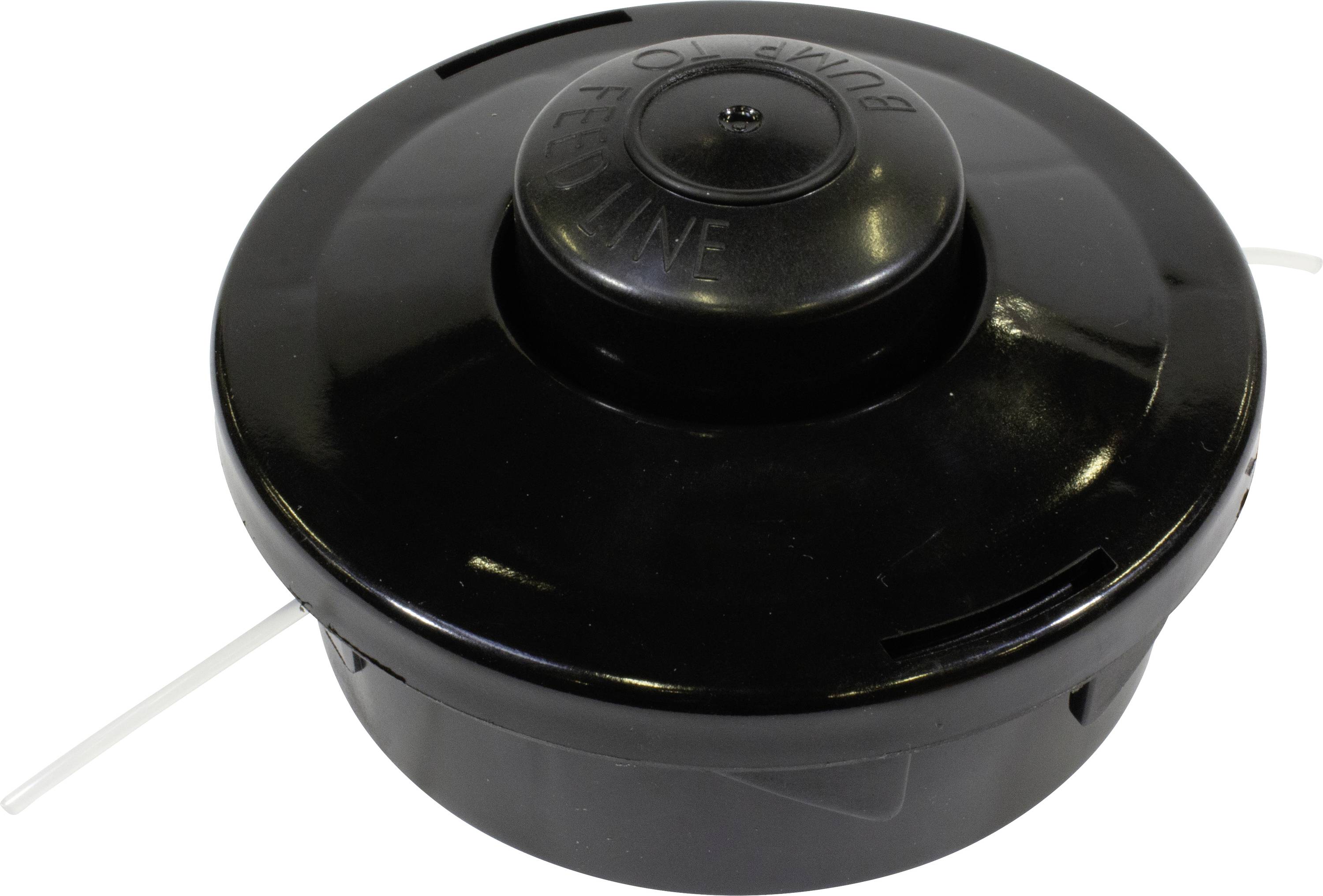 Ronde zwarte draadkop-spoel voor een grastrimmer, met uittreeopeningen voor de draad. Geschikt voor het onderhoud van grasvelden.
