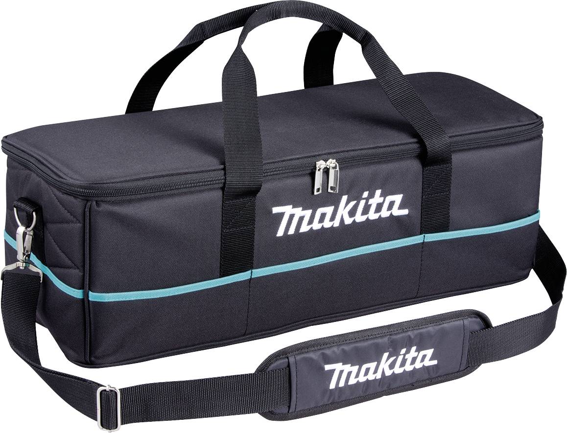 Zwarte Makita gereedschapstas met handgrepen en schouderband, robuust ontwerp, geschikt voor het opbergen en vervoeren van gereedschappen.