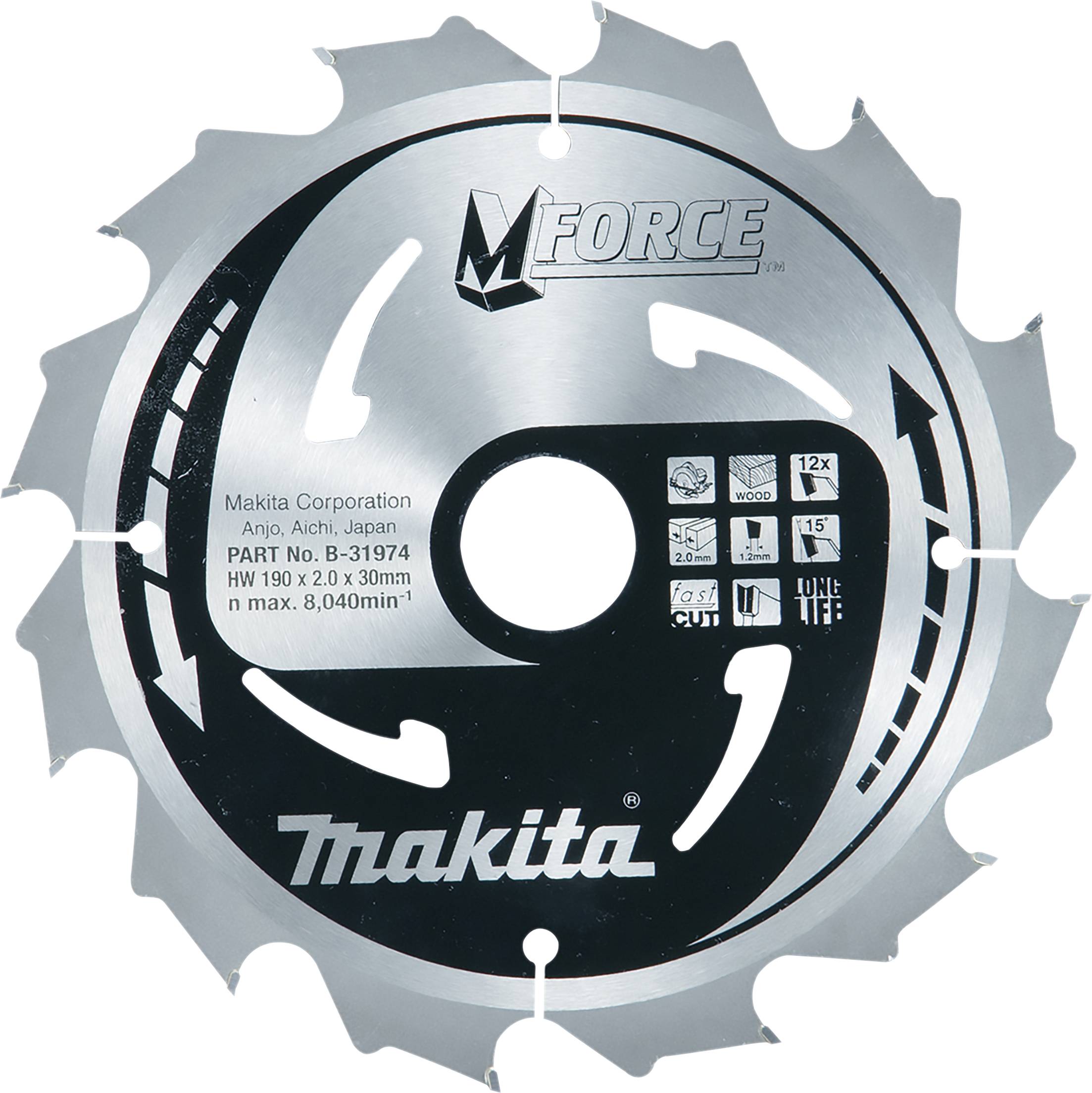 Cirkelzaagblad met 'M Force'-logo, geschikt voor hout, bedrukt met specificaties: HW 190 x 2,0 x 30 mm, max. 8.040/min.