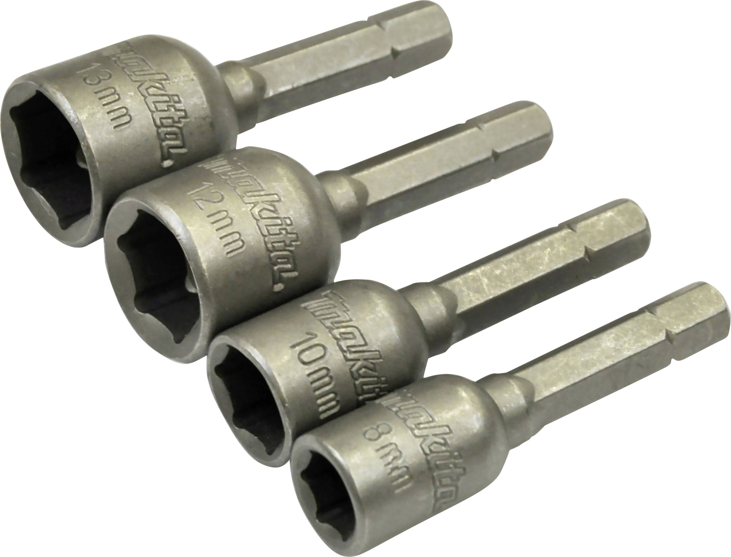 Vier metalen dopsleutels in verschillende maten, elk gemarkeerd met 'mm': 13, 12, 10 en 8 mm.