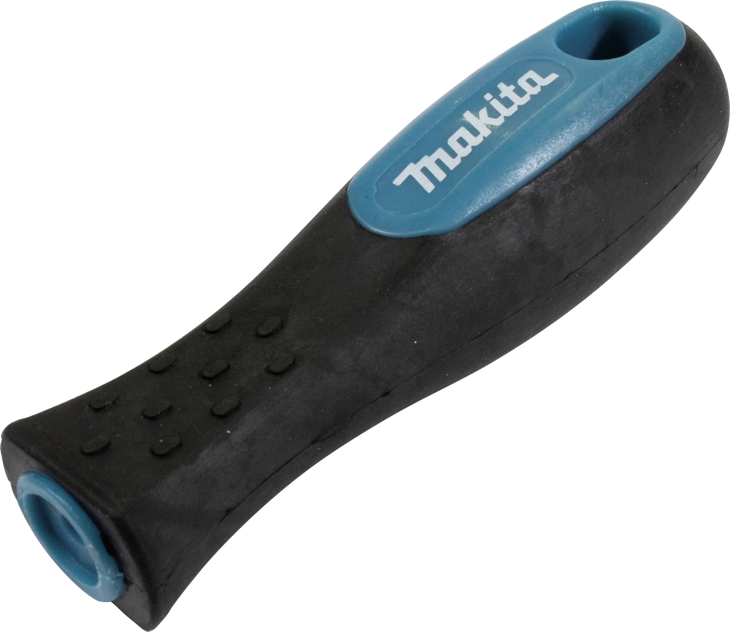 Zwarte en blauwe handgreep van een gereedschap met het opschrift 'Makita' op het blauwe oppervlak.