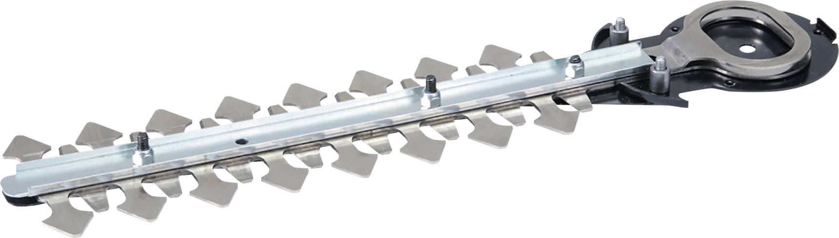 Metalen heggenschaaruitbreiding met gekartelde messen aan de rand, bedoeld voor gebruik met een gemotoriseerd gereedschap voor het snoeien van struiken.